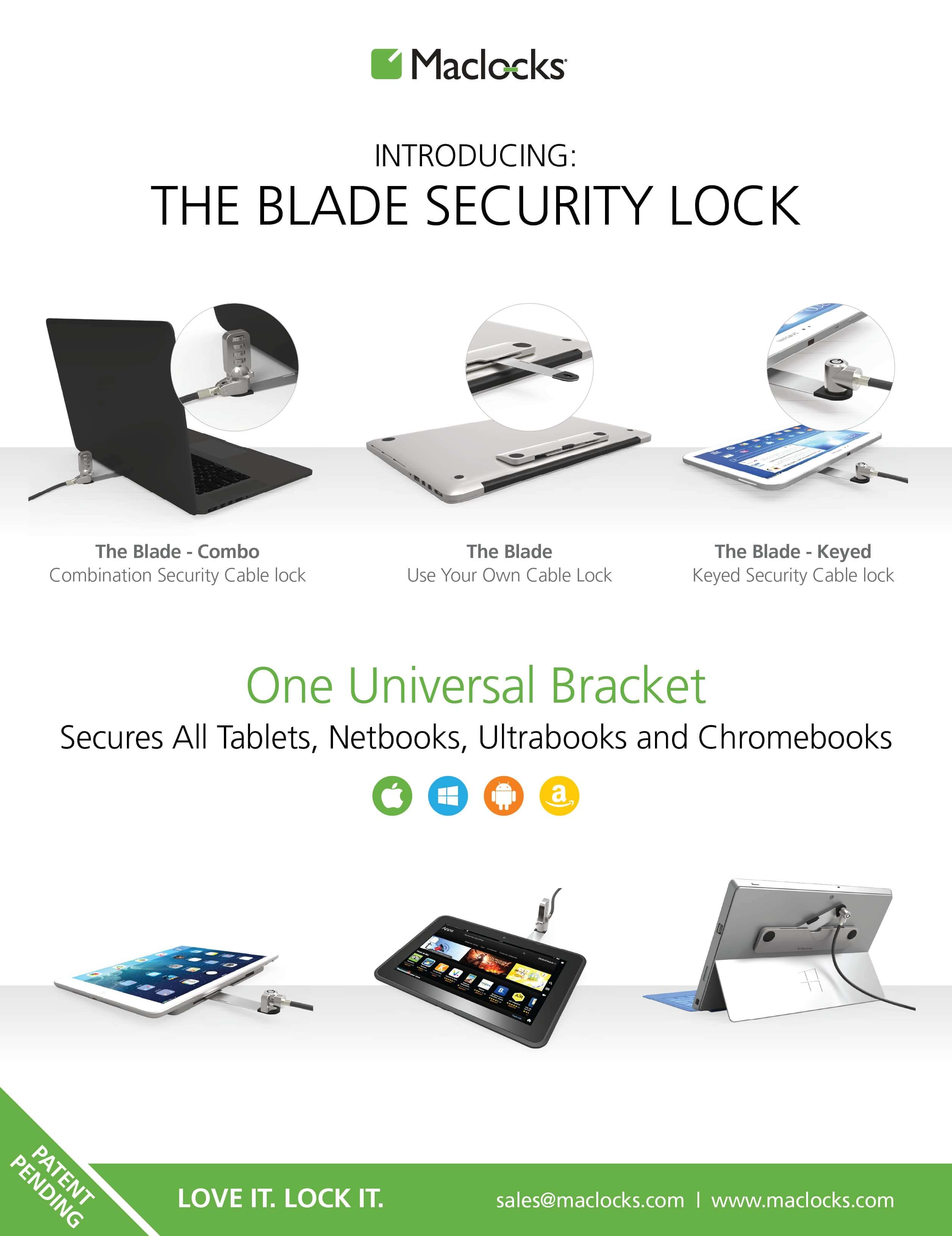 maclocks, mac lock, lock, locks, mac, ipad, tablet, tablets, ipads, apple, samsung, galaxy, kindle, surface, laptop, latops, macbook, macbooks, macbookair, ipad air, ipadair2, blade, the blade, locking bracket, security lock, security, universal